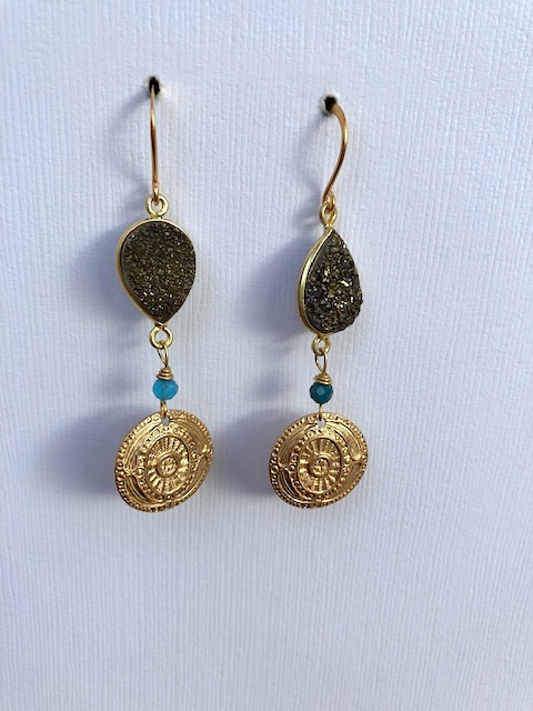 Apatite, Bronze Druzy, Gold Medallion Earring